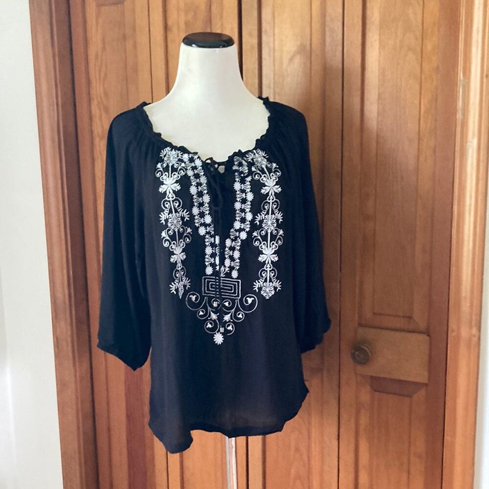 One World Black Pullover Top W/White Embroidery, Size S